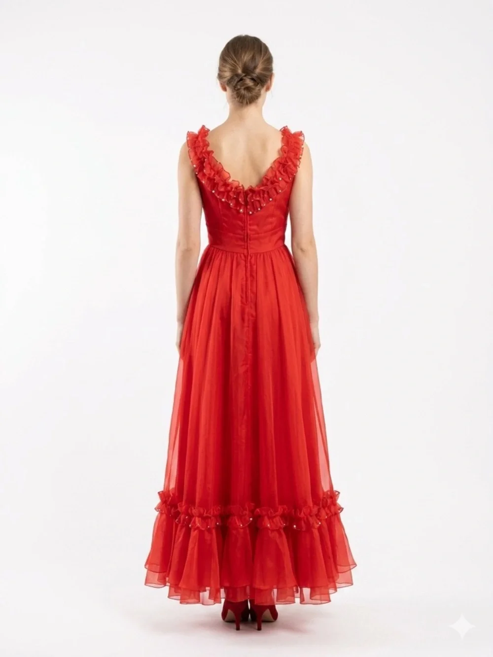 Red Floral-Trim V-Neck Evening Gown - Picture 3 of 11